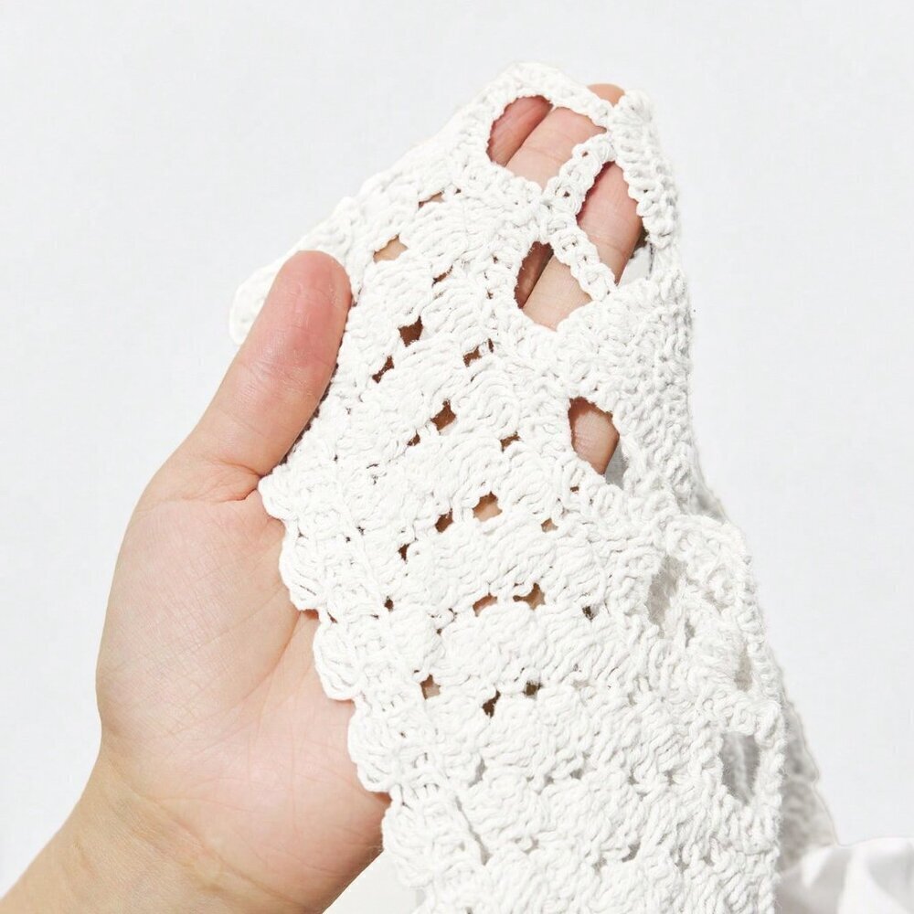 White Casual Women's Apricot Hollow Hook Flower Splicing Ruffles Tops - Picture 7 of 7